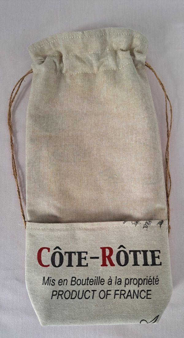 Sac à bouteille « Grand Cru Côte-Rôtie » artisanal, tissu imprimé inspiration vignoble, conçu pour protéger et sublimer vos bouteilles de vin.