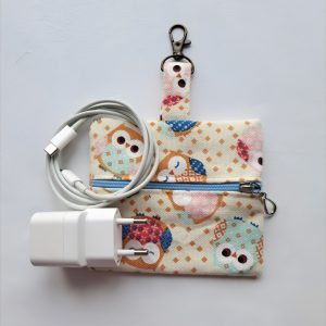 Range-câble chouette en coton 10x10 cm avec fermeture éclair et mousqueton