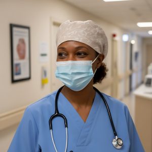 Calot de bloc opératoire en coton avec motifs de feuillage d'hiver, vue de face, accessoires médicaux faits main - Les Coutures de Miette.