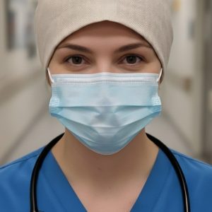 Calot de bloc opératoire L'Épuré en coton et lin beige à motifs chevrons, porté de face par une soignante avec masque et stéthoscope.