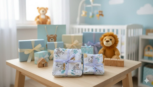 Ensemble de lingettes lavables Cœur de Lionceau présentées comme un coffret cadeau de naissance artisanal et écoresponsable.