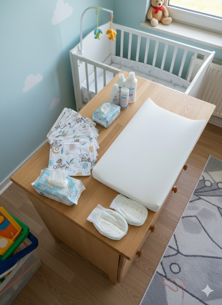 Lingettes lavables artisanales en éponge doudou et coton motif lionceaux, posées sur un matelas à langer.