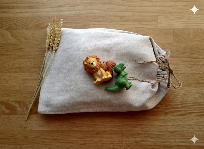 Ensemble de calots de bloc pédiatriques aux motifs ludiques (dinosaures, lions, forêt) rangés dans un pochon de transport en tissu.