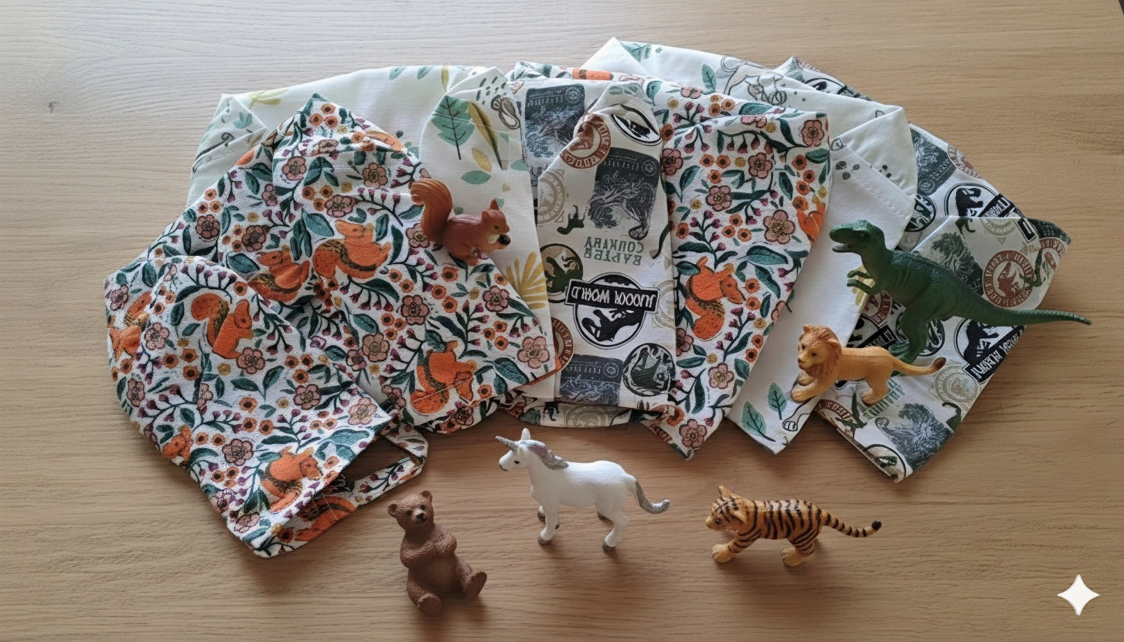 Assortiment de 6 calots de bloc pédiatriques comprenant les modèles Cœur de Lionceau, Le Jurassique et Balade en Forêt — Confort et motifs ludiques pour le personnel soignant.