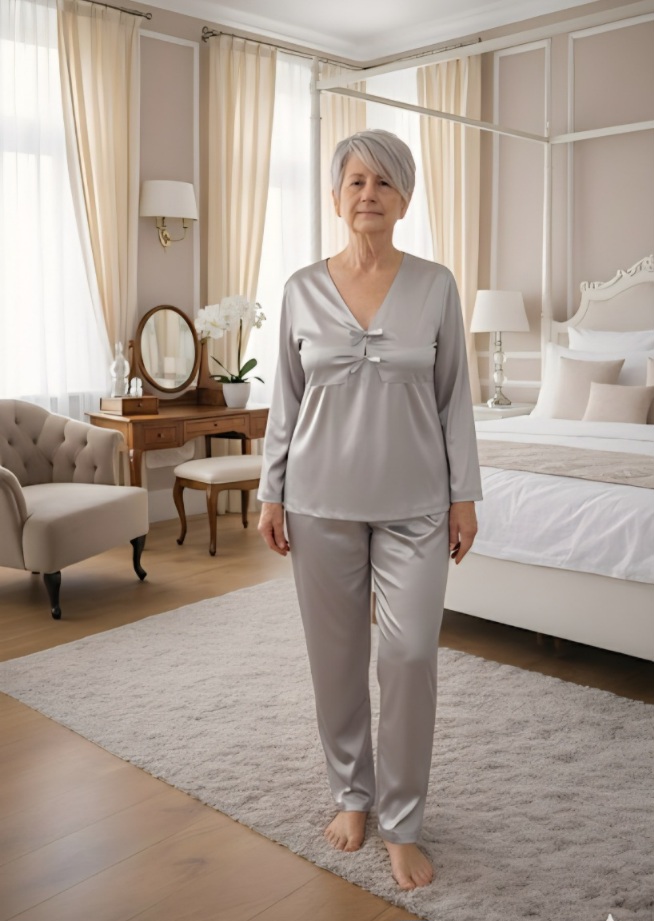 Pyjama deux pièces l'Unique en satin gris perle, modèle artisanal personnalisable avec finitions soignées.