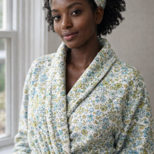 Bandeau de soin ajustable avec face extérieure en coton bio fleuri et doublure en éponge de bambou ultra douce, modèle Rituel Flânerie Florale.