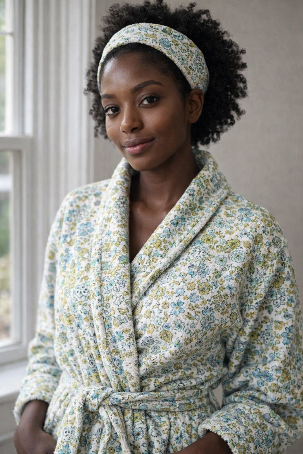 Bandeau de soin ajustable avec face extérieure en coton bio fleuri et doublure en éponge de bambou ultra douce, modèle Rituel Flânerie Florale.