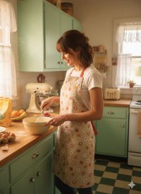 Tablier Amandine fini porté dans une cuisine rétro, kit de couture avec tissu fleuri et sangles contrastantes