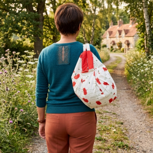 Personne portant un sac à motif de coquelicots sur un chemin bordé de fleurs et de verdure, avec des maisons en pierre en arrière‑plan dans un paysage de campagne.