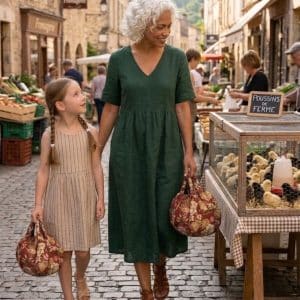 « Sac Miette Kirei en tissu coton japonisant rouge fleuri, porté au marché – création artisanale Les Coutures de Miette