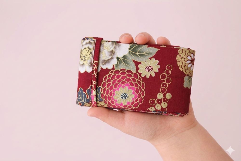 Sac Miette mini Kirei en tissu coton japonisant rouge fleuri, présenté dans la main d’un enfant pour illustrer sa légèreté et sa confection artisanale.