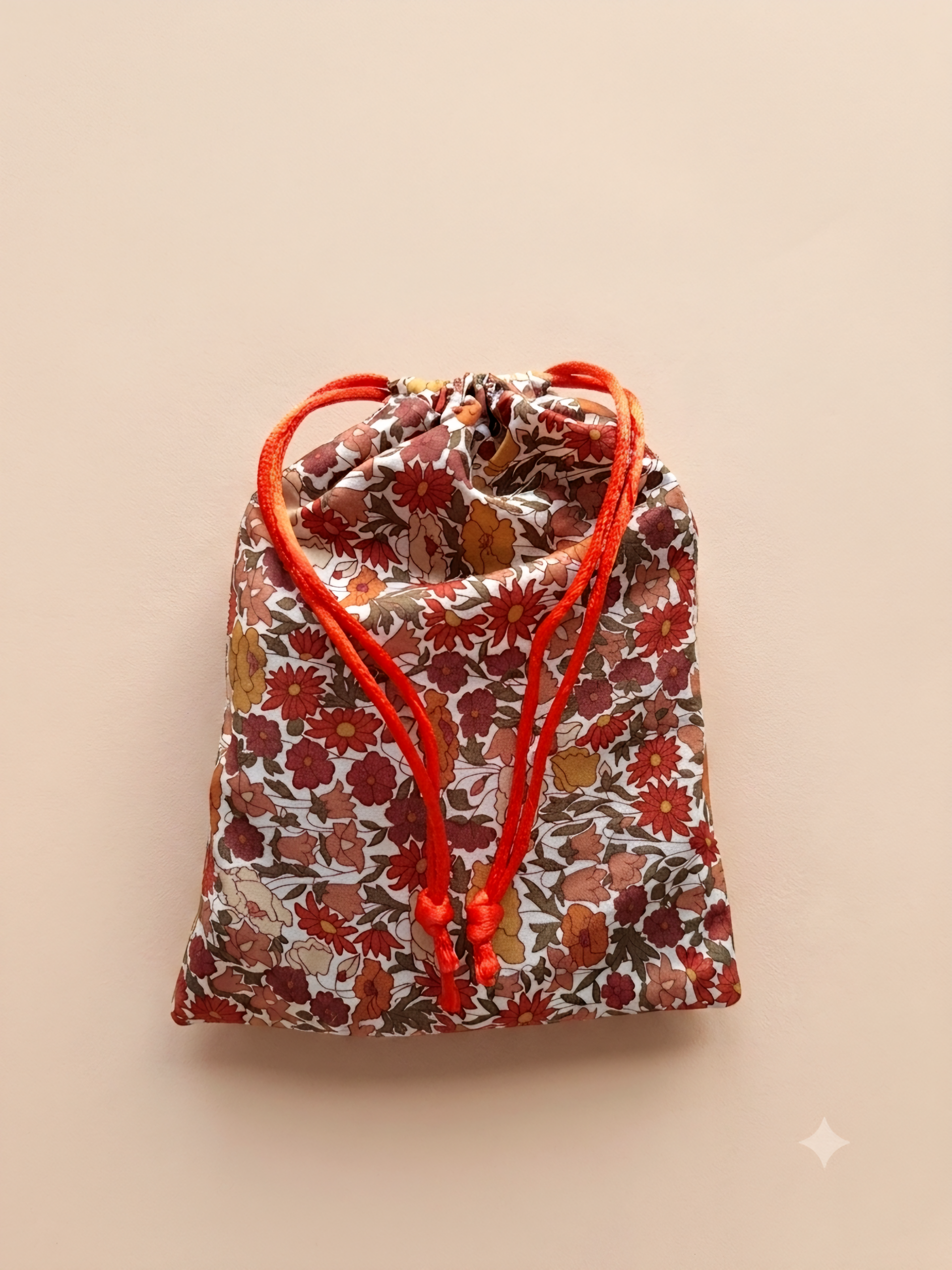 Collier Éclisse en tissu Liberty rangé dans sa pochette assortie, création artisanale florale.